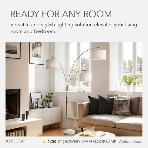 Adesso 4250-22 Bowery 3-Arm Arc Lamp, 74 in, 3 x 100W Incandescent/26W CFL, Brushed Steel Finish, 1 Floor Lamp , Grey in Saudi Arabia