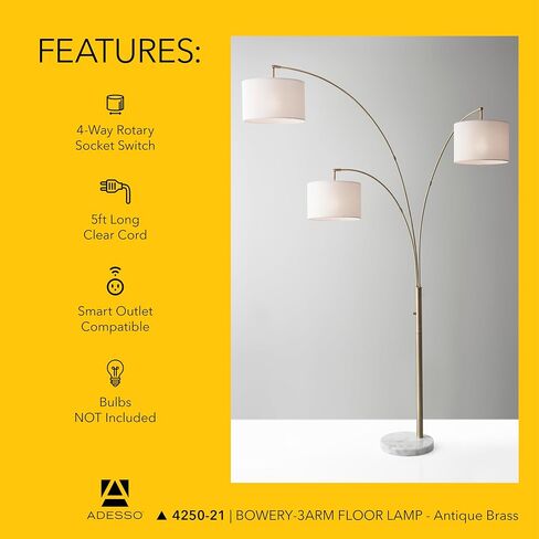 Adesso 4250-22 Bowery 3-Arm Arc Lamp, 74 in, 3 x 100W Incandescent/26W CFL, Brushed Steel Finish, 1 Floor Lamp , Grey in Saudi Arabia