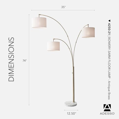 Adesso 4250-22 Bowery 3-Arm Arc Lamp, 74 in, 3 x 100W Incandescent/26W CFL, Brushed Steel Finish, 1 Floor Lamp , Grey in Saudi Arabia