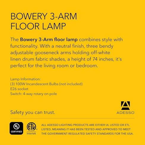 Adesso 4250-22 Bowery 3-Arm Arc Lamp, 74 in, 3 x 100W Incandescent/26W CFL, Brushed Steel Finish, 1 Floor Lamp , Grey in Saudi Arabia