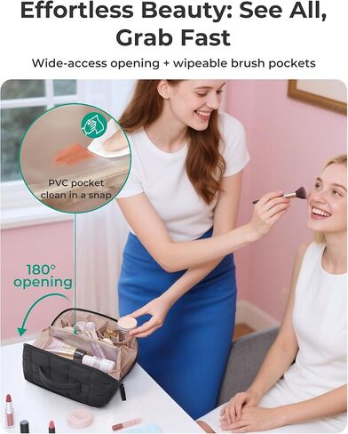 BAGSMART Travel Makeup Bag for Women, Portable Water-resistant Cosmetic Case, Puffy Padded Make Up Organizer Pouch, Open Flat Toiletry Bag for Toiletries, Brushes, Black in Saudi Arabia