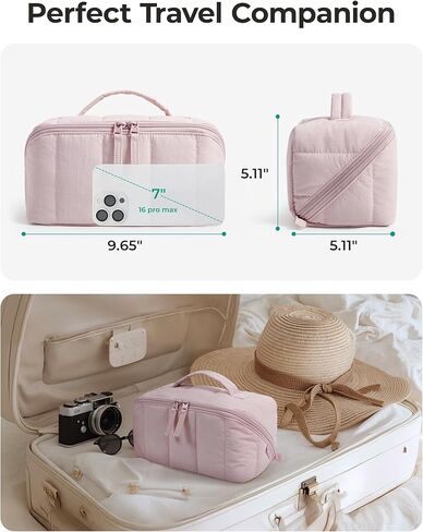 BAGSMART Travel Makeup Bag for Women, Portable Water-resistant Cosmetic Case, Puffy Padded Make Up Organizer Pouch, Open Flat Toiletry Bag for Toiletries, Brushes, Black in Saudi Arabia