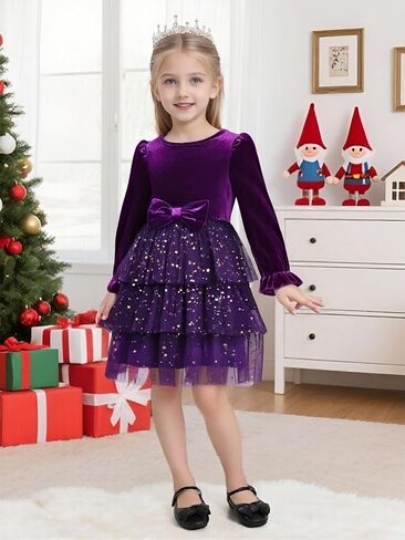 2-7Y Toddler Girls Fall Winter Velvet Tulle Tutu Dresses Long Sleeve Ruffle Holiday Christmas Princess Party Dress in Kuwait