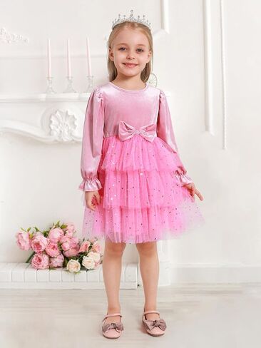 2-7Y Toddler Girls Fall Winter Velvet Tulle Tutu Dresses Long Sleeve Ruffle Holiday Christmas Princess Party Dress in Kuwait