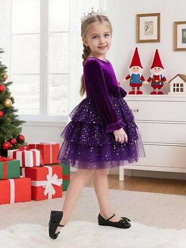 2-7Y Toddler Girls Fall Winter Velvet Tulle Tutu Dresses Long Sleeve Ruffle Holiday Christmas Princess Party Dress in Kuwait
