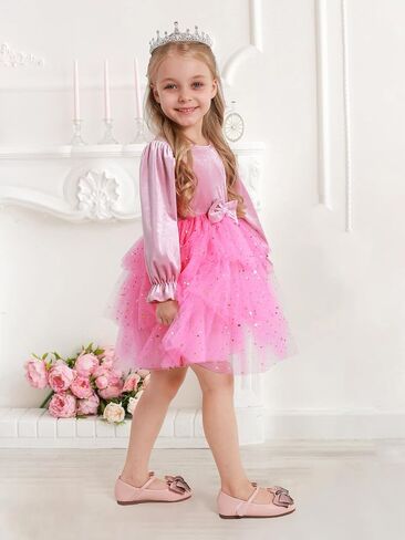 2-7Y Toddler Girls Fall Winter Velvet Tulle Tutu Dresses Long Sleeve Ruffle Holiday Christmas Princess Party Dress in Kuwait