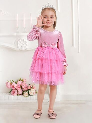 2-7Y Toddler Girls Fall Winter Velvet Tulle Tutu Dresses Long Sleeve Ruffle Holiday Christmas Princess Party Dress in Kuwait