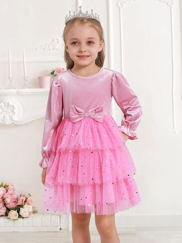 2-7Y Toddler Girls Fall Winter Velvet Tulle Tutu Dresses Long Sleeve Ruffle Holiday Christmas Princess Party Dress in Kuwait