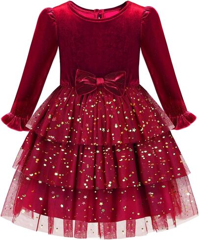 2-7Y Toddler Girls Fall Winter Velvet Tulle Tutu Dresses Long Sleeve Ruffle Holiday Christmas Princess Party Dress in Kuwait