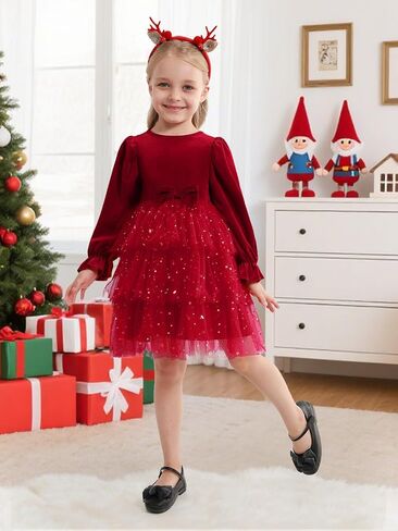 2-7Y Toddler Girls Fall Winter Velvet Tulle Tutu Dresses Long Sleeve Ruffle Holiday Christmas Princess Party Dress in Kuwait