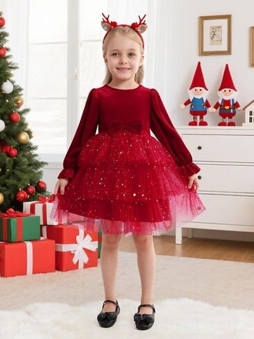 2-7Y Toddler Girls Fall Winter Velvet Tulle Tutu Dresses Long Sleeve Ruffle Holiday Christmas Princess Party Dress in Kuwait