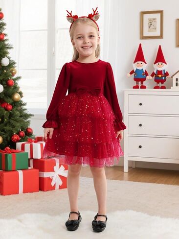 2-7Y Toddler Girls Fall Winter Velvet Tulle Tutu Dresses Long Sleeve Ruffle Holiday Christmas Princess Party Dress in Kuwait