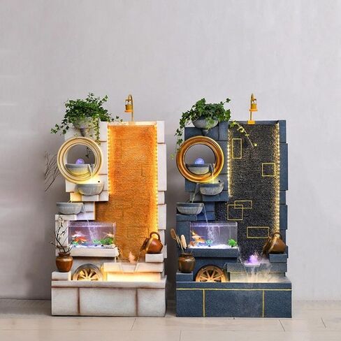 Standing Waterfall Indoor Leisure Fountain Waterfall with Fish Tank and Plant Misting Humidifier, Floor Standing Fountain for Home and Bedroom Decoration Floor Fountain(Beige) in Saudi Arabia