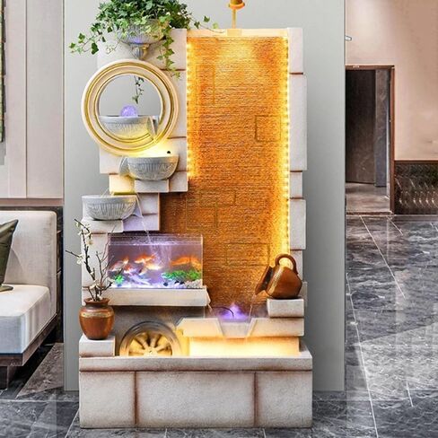 Standing Waterfall Indoor Leisure Fountain Waterfall with Fish Tank and Plant Misting Humidifier, Floor Standing Fountain for Home and Bedroom Decoration Floor Fountain(Beige) in Saudi Arabia