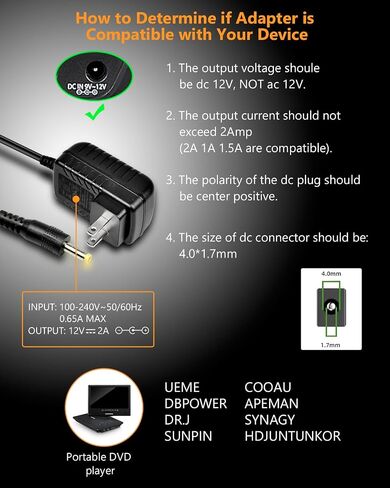 Portable DVD Player Charger, Wall Charger, Replacement AC-DC Power Adapter for Sylvania/DBPOWER/HDJUNTUNKOR/WONNIE/UEME/YOTON Portable DVD Players, Power Supply Cord (9V/1.5A) in Saudi Arabia