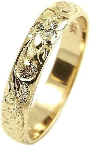 Arthur's Jewelry 14K yellow gold custom hand engrave Hawaiian queen plumeria scroll band ring 4mm size 2 to 14 in Kuwait
