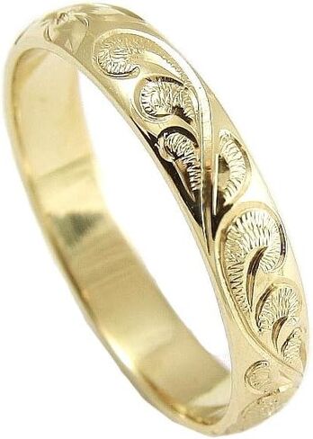 Arthur's Jewelry 14K yellow gold custom hand engrave Hawaiian queen plumeria scroll band ring 4mm size 2 to 14 in Kuwait