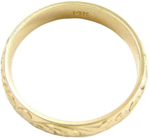 Arthur's Jewelry 14K yellow gold custom hand engrave Hawaiian queen plumeria scroll band ring 4mm size 2 to 14 in Kuwait