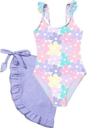 بدلة سباحة للفتيات من قطعة واحدة من SHENHE بطبعة زهور، ملابس سباحة بحواف مكشكشة مع تنانير للشاطئ in Kuwait