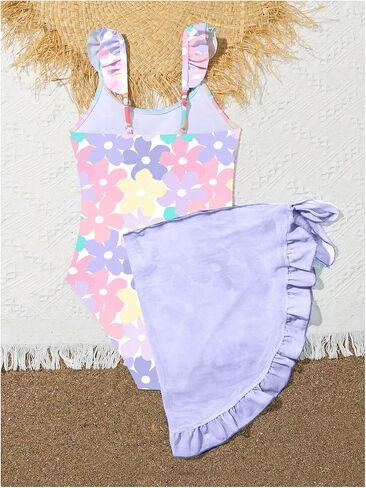 بدلة سباحة للفتيات من قطعة واحدة من SHENHE بطبعة زهور، ملابس سباحة بحواف مكشكشة مع تنانير للشاطئ in Kuwait