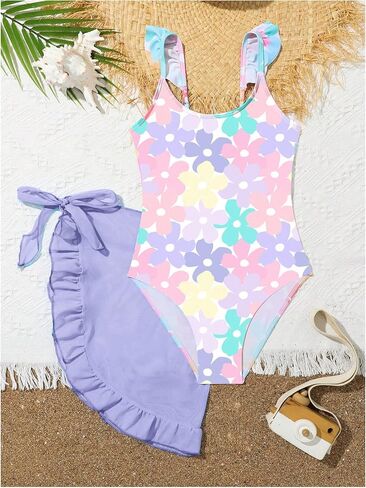 بدلة سباحة للفتيات من قطعة واحدة من SHENHE بطبعة زهور، ملابس سباحة بحواف مكشكشة مع تنانير للشاطئ in Kuwait