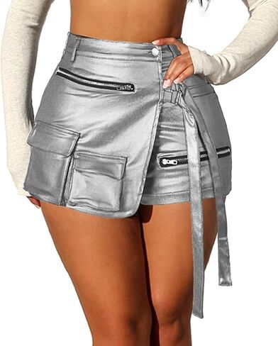 XZLUFNY Metallic Cargo Skorts for Women High Waisted Multi-Pocket A-Line Short Skirt in Saudi Arabia