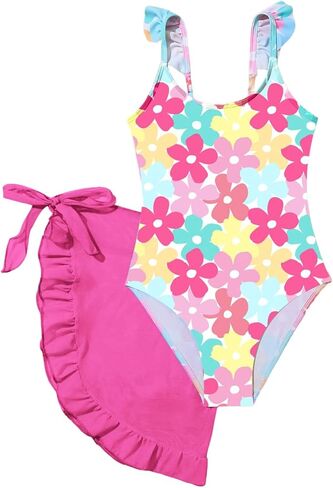 SHENHE Girl's One Piece Swimsuit Floral Print Bathing Suit Ruffle Trim Swimwear with Beach Skirts in Saudi Arabia