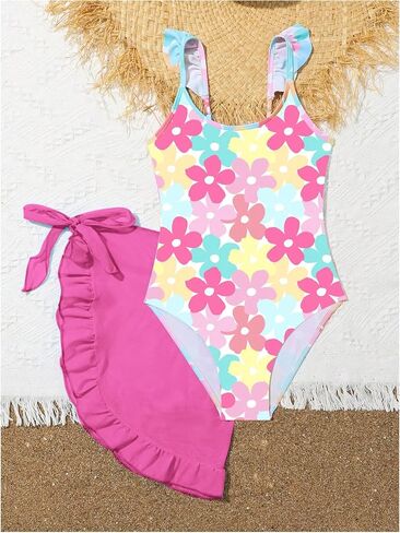 SHENHE Girl's One Piece Swimsuit Floral Print Bathing Suit Ruffle Trim Swimwear with Beach Skirts in Saudi Arabia