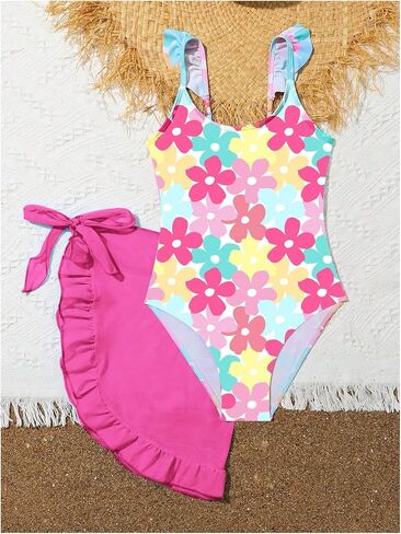 SHENHE Girl's One Piece Swimsuit Floral Print Bathing Suit Ruffle Trim Swimwear with Beach Skirts in Saudi Arabia
