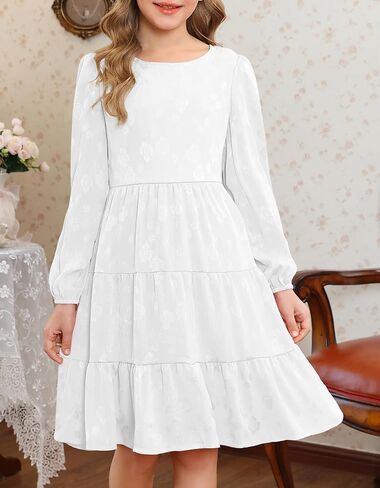YOVION Girls Fall Long Sleeve Dress Ruffle Tiered A-Line Formal Wedding Party Dresses with Pockets for 6-12 Years in Kuwait