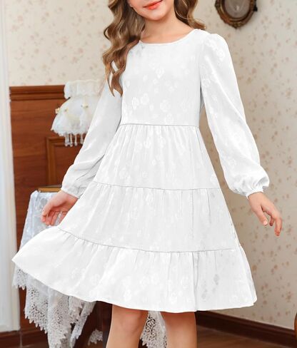 YOVION Girls Fall Long Sleeve Dress Ruffle Tiered A-Line Formal Wedding Party Dresses with Pockets for 6-12 Years in Kuwait