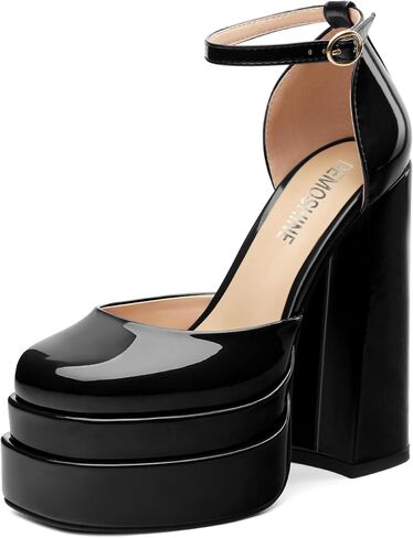 Platform Chunky High Heels for Women Paten Round Closed Toe Ankle Strap Sandals Sexy Fashion Party Dress Shoes in Kuwait