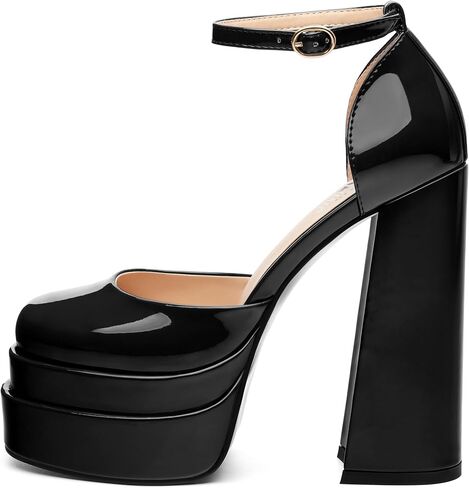 Platform Chunky High Heels for Women Paten Round Closed Toe Ankle Strap Sandals Sexy Fashion Party Dress Shoes in Kuwait