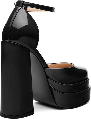 Platform Chunky High Heels for Women Paten Round Closed Toe Ankle Strap Sandals Sexy Fashion Party Dress Shoes in Kuwait