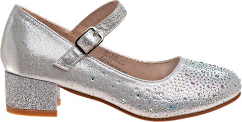 Badgley Mischka Girls Dress Shoes - Kids High Heel Flats Pumps Slip-On Block Glitter Rhinestone Sparkly Closed Toe with Strap - Black/Silver/Rosegold (Little Kid/Big Kid) in Saudi Arabia