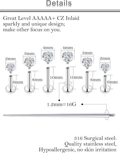 18G 16G 14G Lip Labret Medusa Monroe Piercing Jewelry Internally Threaded Surgical Steel Snake Bites Lip Ring Flat Back Cartilage Tragus Helix Conch Earring Stud 6mm 7mm 8mm Bars Silver Black in Kuwait