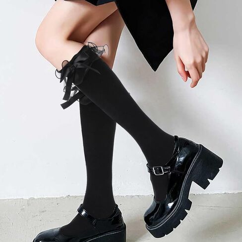 جوارب سوداء مكشكشة، جوارب لوليتا قطنية للفتيات حتى الركبة مع فيونكة، هدية جورب Kawaii Goth Lolita للنساء للارتداء اليومي والرقص في المدرسة in Kuwait