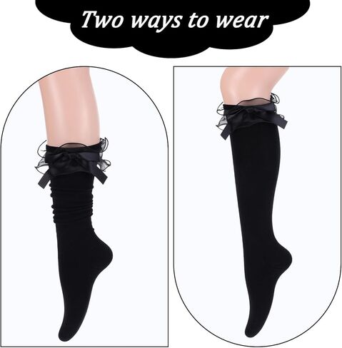 جوارب سوداء مكشكشة، جوارب لوليتا قطنية للفتيات حتى الركبة مع فيونكة، هدية جورب Kawaii Goth Lolita للنساء للارتداء اليومي والرقص في المدرسة in Kuwait