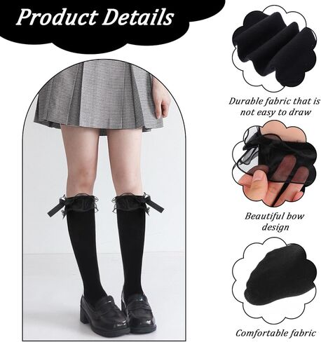 جوارب سوداء مكشكشة، جوارب لوليتا قطنية للفتيات حتى الركبة مع فيونكة، هدية جورب Kawaii Goth Lolita للنساء للارتداء اليومي والرقص في المدرسة in Kuwait