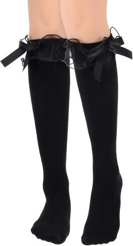 جوارب سوداء مكشكشة، جوارب لوليتا قطنية للفتيات حتى الركبة مع فيونكة، هدية جورب Kawaii Goth Lolita للنساء للارتداء اليومي والرقص في المدرسة in Kuwait