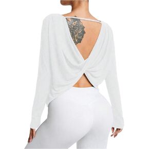 OYOANGLE Women's Twist Backless Athletic Shirts Long Sleeve Crew Neck Gym Workout Shirt Yoga Pilates Tops in Saudi Arabia