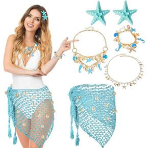 6Pcs Mermaid Cosplay Costume for Women Crochet Skirt Necklace Starfish Hair Clip Accessories for Halloween Costumes Cosplay in Kuwait