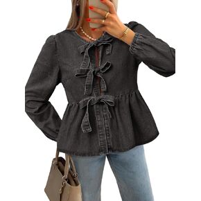 Tankaneo Womens Denim Tie Front Tops Babydoll Peplum Cute Blouse Puff Long Sleeve Going Out Jean Shirts in Saudi Arabia