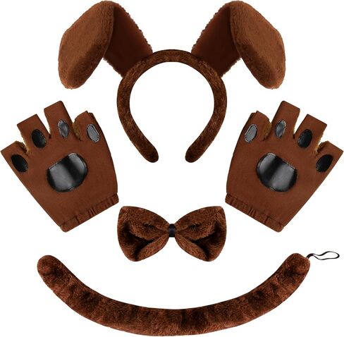 Spooktacular Creations 5 Pcs Halloween Brown Puppy Dog Accessories Set with Ears Headband, Bowtie, Gloves and Tail, Animal Costume for Adults and Kids for Halloween Cosplay Party, Animal Lovers in Saudi Arabia