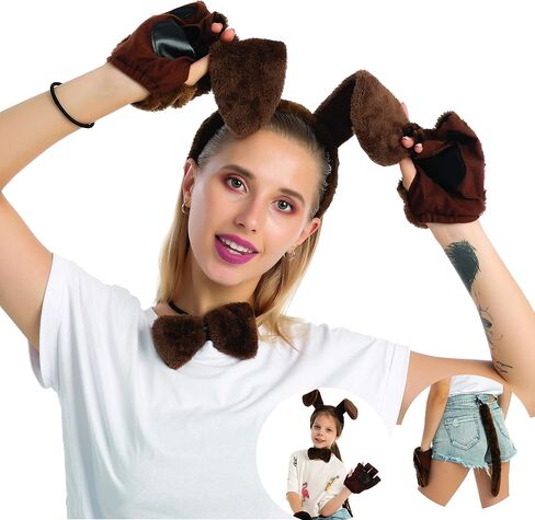Spooktacular Creations 5 Pcs Halloween Brown Puppy Dog Accessories Set with Ears Headband, Bowtie, Gloves and Tail, Animal Costume for Adults and Kids for Halloween Cosplay Party, Animal Lovers in Saudi Arabia