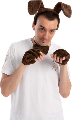 Spooktacular Creations 5 Pcs Halloween Brown Puppy Dog Accessories Set with Ears Headband, Bowtie, Gloves and Tail, Animal Costume for Adults and Kids for Halloween Cosplay Party, Animal Lovers in Saudi Arabia