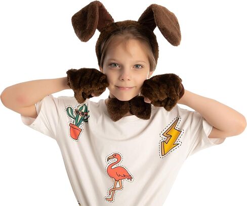 Spooktacular Creations 5 Pcs Halloween Brown Puppy Dog Accessories Set with Ears Headband, Bowtie, Gloves and Tail, Animal Costume for Adults and Kids for Halloween Cosplay Party, Animal Lovers in Saudi Arabia