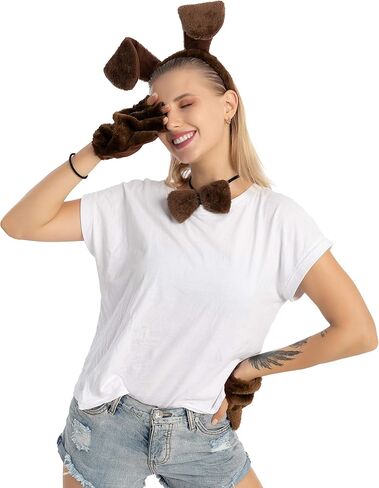 Spooktacular Creations 5 Pcs Halloween Brown Puppy Dog Accessories Set with Ears Headband, Bowtie, Gloves and Tail, Animal Costume for Adults and Kids for Halloween Cosplay Party, Animal Lovers in Saudi Arabia