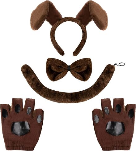 Spooktacular Creations 5 Pcs Halloween Brown Puppy Dog Accessories Set with Ears Headband, Bowtie, Gloves and Tail, Animal Costume for Adults and Kids for Halloween Cosplay Party, Animal Lovers in Saudi Arabia