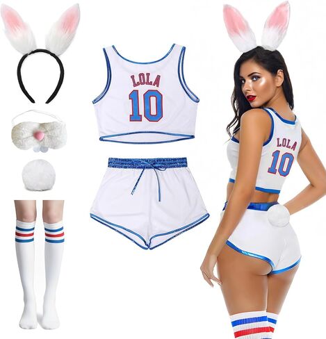 Women Lola #10 Halloween Bunny Costume Set Space Movie Jersey Outfit & Shorts with Bunny Ears Tail Socks White XS-XXL in Saudi Arabia